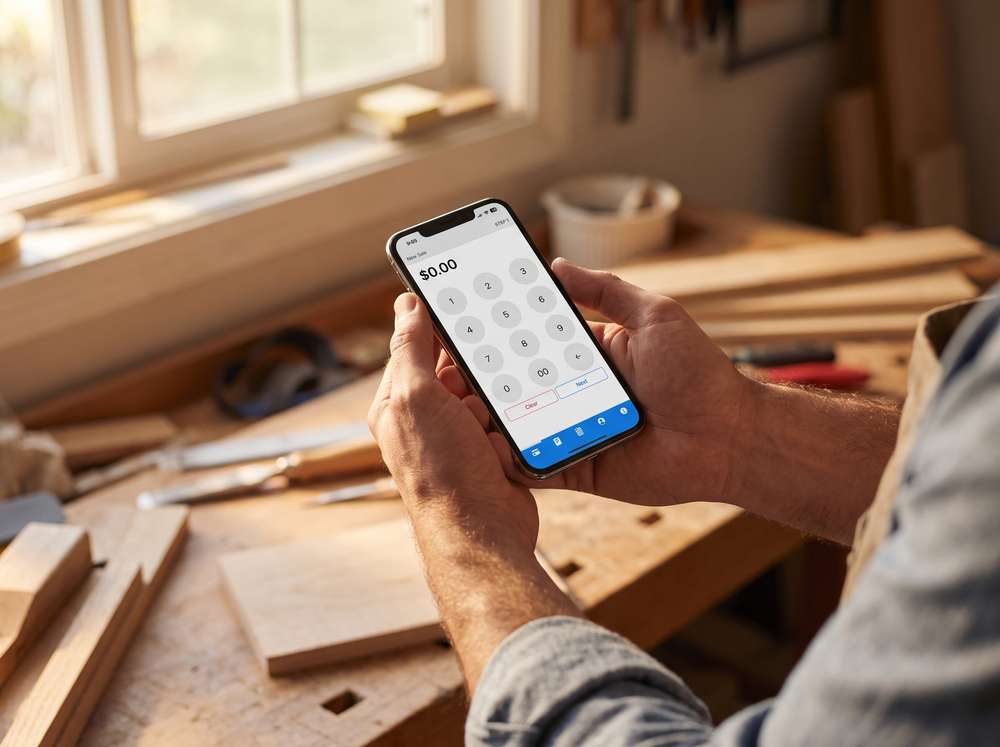 A workshop owner taking a card payment on the SurePay mobile app.