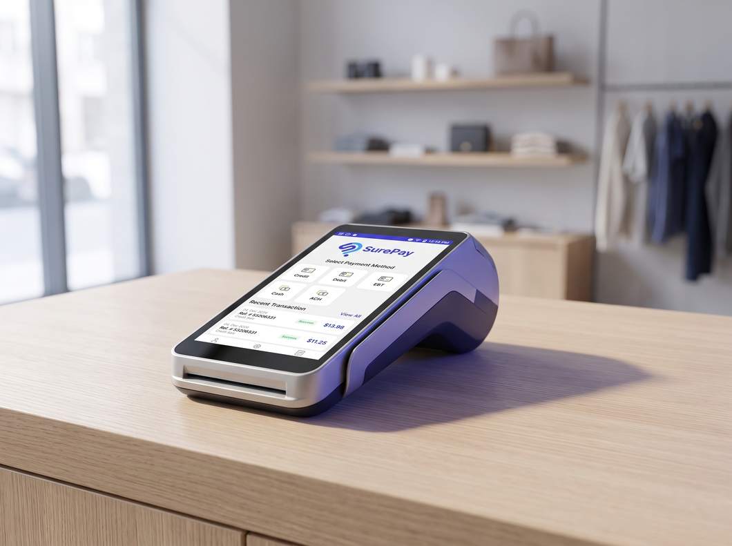 SurePay running on a countertop payment terminal in a retail shop.
